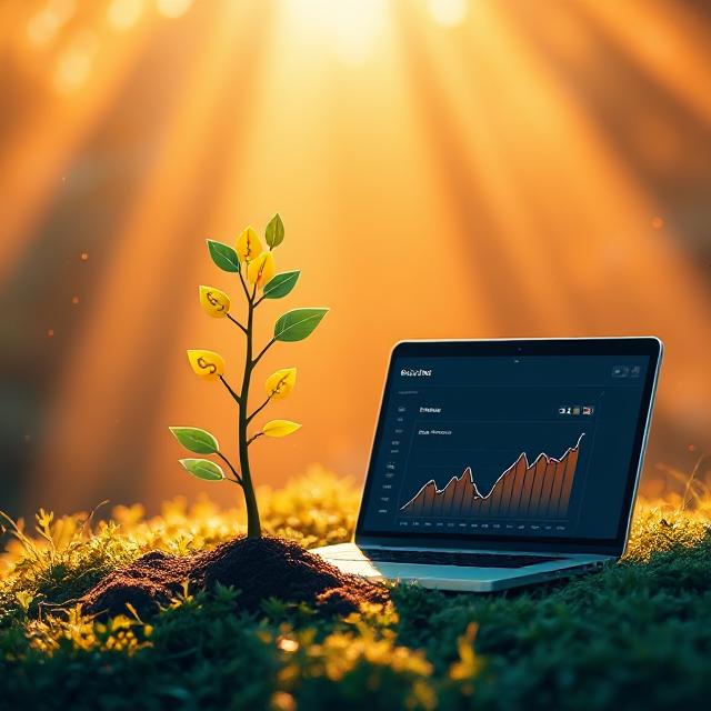 Trust & Growth Visual "A symbolic design of a seed growing into a tree with dollar signs as leaves, next to a laptop showing website analytics. Soft orange and dark blue theme, flat vector style.