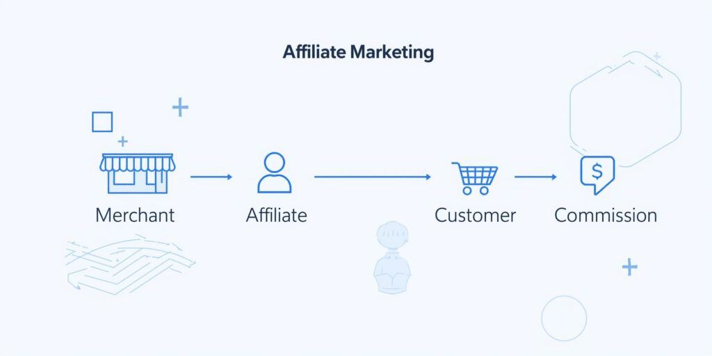 Affiliate marketing process showing merchant, affiliate, customer, and commission flow