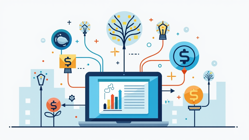 A digital illustration showing a laptop, money icons, and a network of arrows representing online business and affiliate marketing