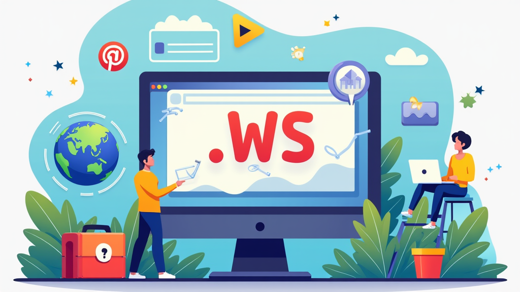 Colorful illustration of a .WS domain on a computer screen, with globe and web icons around, no text or humans.