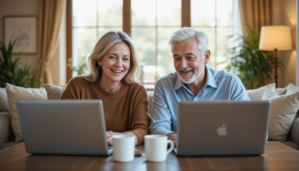 Smiling senior couple working from home on laptops with coffee, symbolizing flexible work opportunities for retirees.