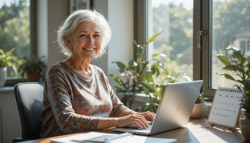 A retired woman in her 60s sitting at a desk with sunlight through the window, wearing casual clothes, happily working on her laptop with a calendar and plant nearby, representing flexibility