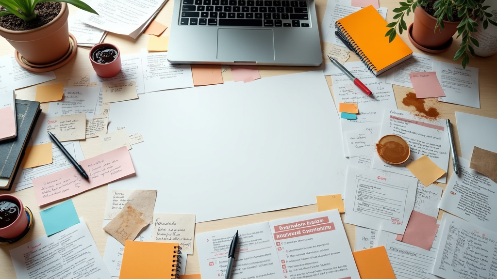 A messy desk with affiliate marketing notes, coffee stains, and crossed-out campaign plans.