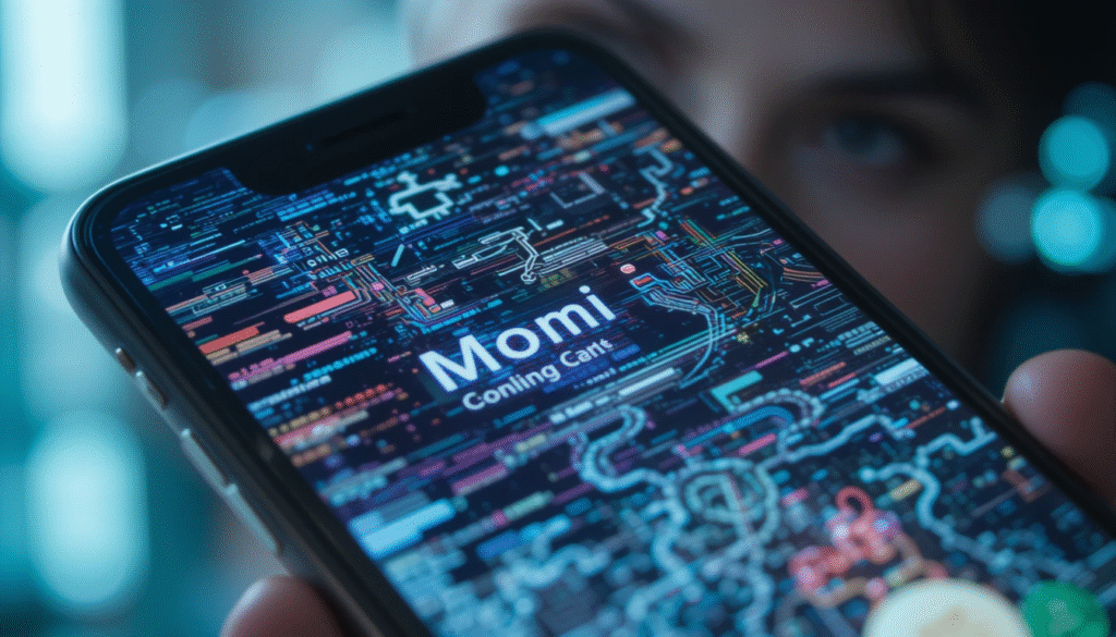 A smartphone shows an incoming call labeled ‘Mom,’ with glitchy digital distortion in the background, symbolizing an AI voice-cloning scam.