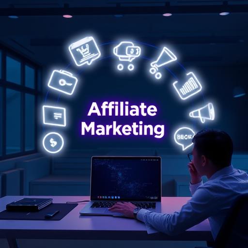 Person working on a laptop with floating digital icons for freelancing, blogging, YouTube, dropshipping, digital products, and investing — highlighting affiliate marketing as the best way to make money online.