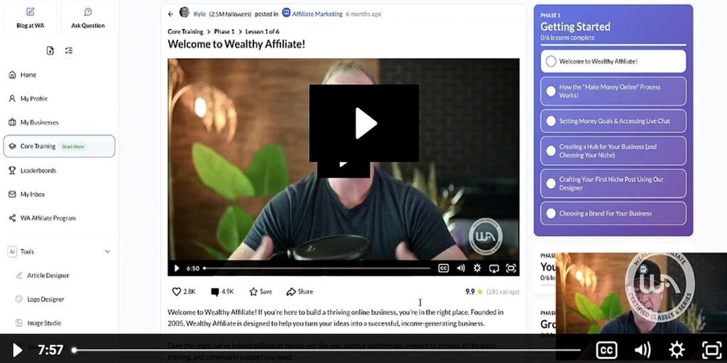 Screenshot of Wealthy Affiliate core training showing a beginner video lesson and getting started module list.
