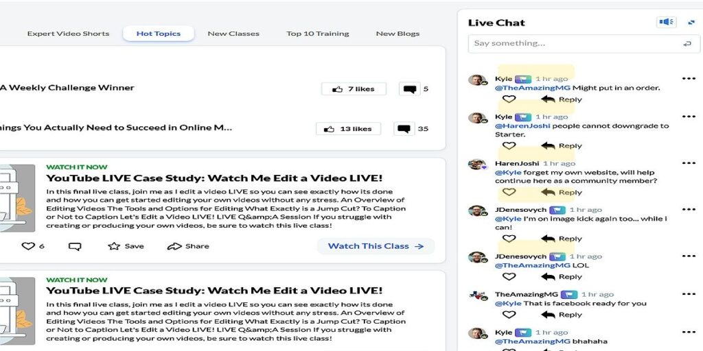 Wealthy Affiliate live chat showing co-founder Kyle responding to members in real time