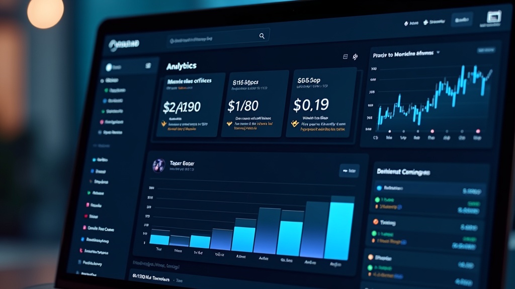 Futuristic web dashboard with analytics and charts for affiliate marketing
