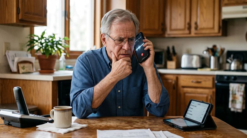 Older adult receiving a suspicious emergency phone call that may use an AI-cloned voice