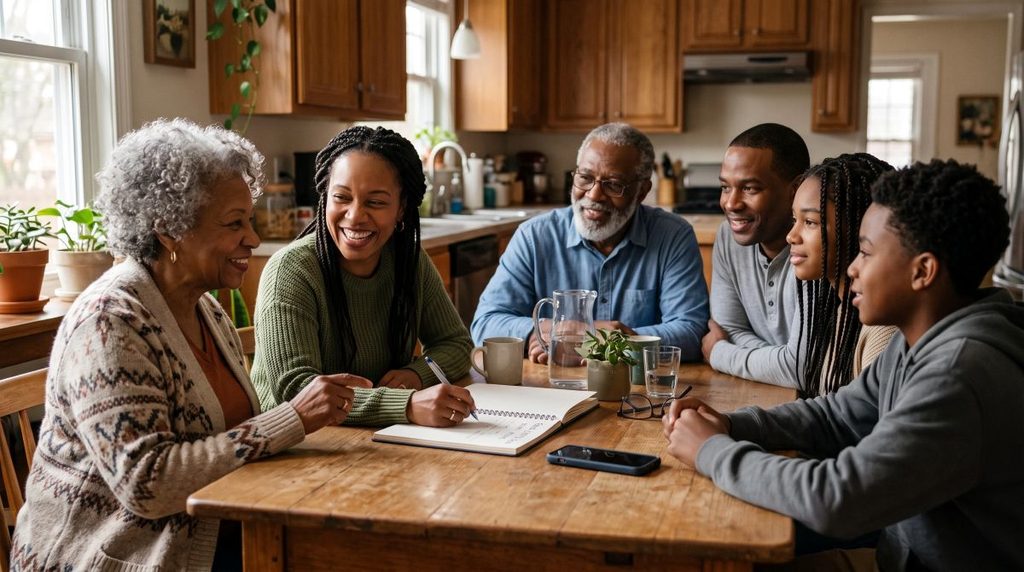 Family discussing a safe word to verify emergency calls and protect against AI voice-cloning scams