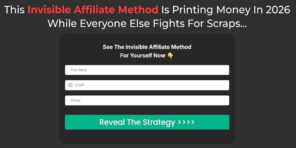 Invisible Affiliate System opt-in page showing email capture form and sales funnel structure