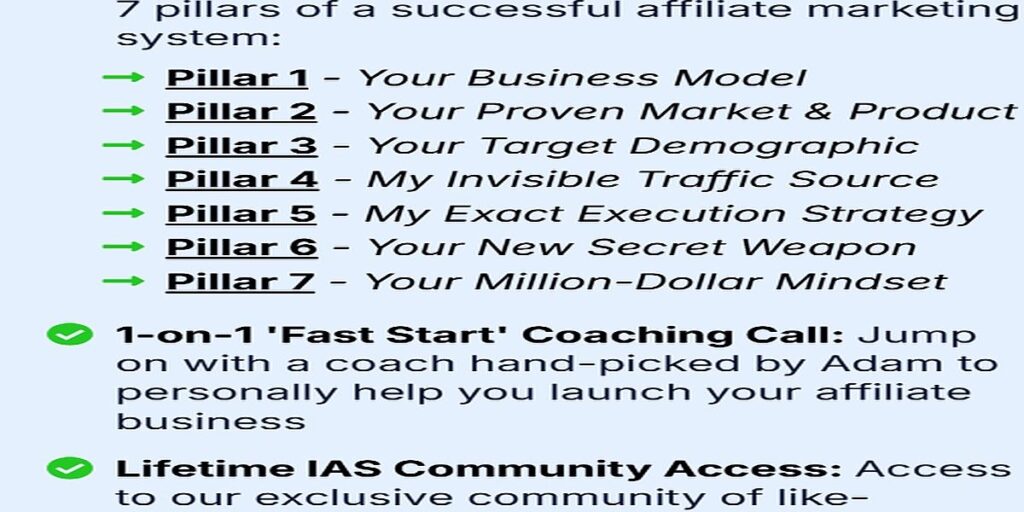 Invisible Affiliate System training modules and 7 pillar affiliate marketing structure overview