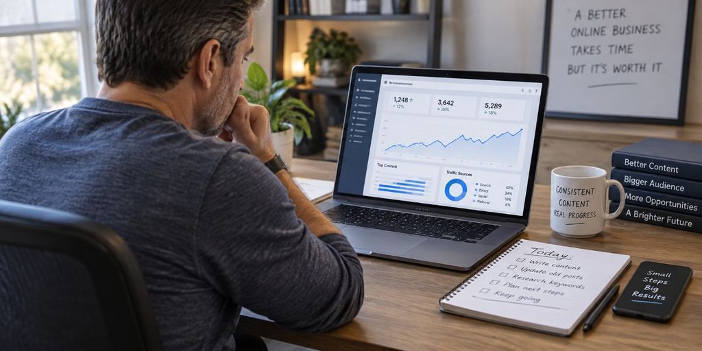 Affiliate marketer working at a computer and building an online business through consistent effort