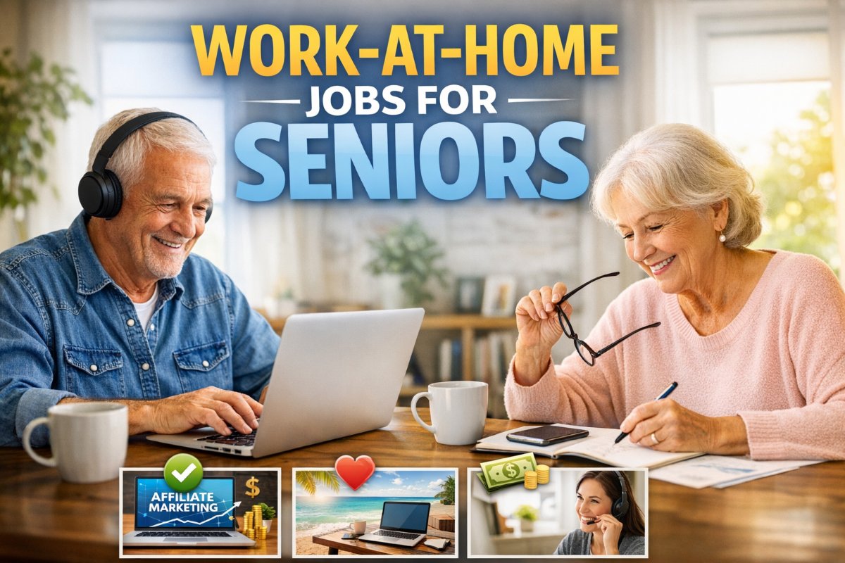 Seniors working from home on laptops in a comfortable home office, representing flexible work-at-home jobs for retirees