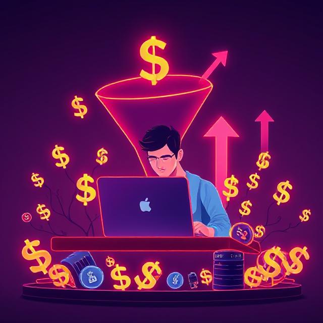 Perpetual Income 365 review illustration showing a laptop, AI icons, and a looming upsell funnel in the background.”