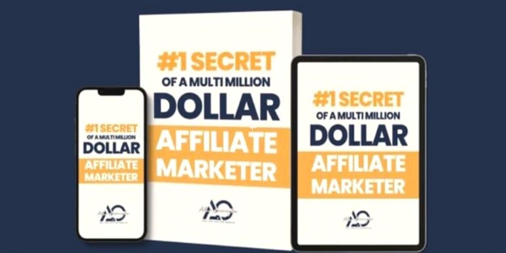Screenshot from Adam Cherrington’s Adams Method sales page showing the Secret Affiliate Marketer digital product displayed on phone, tablet, and book mockups