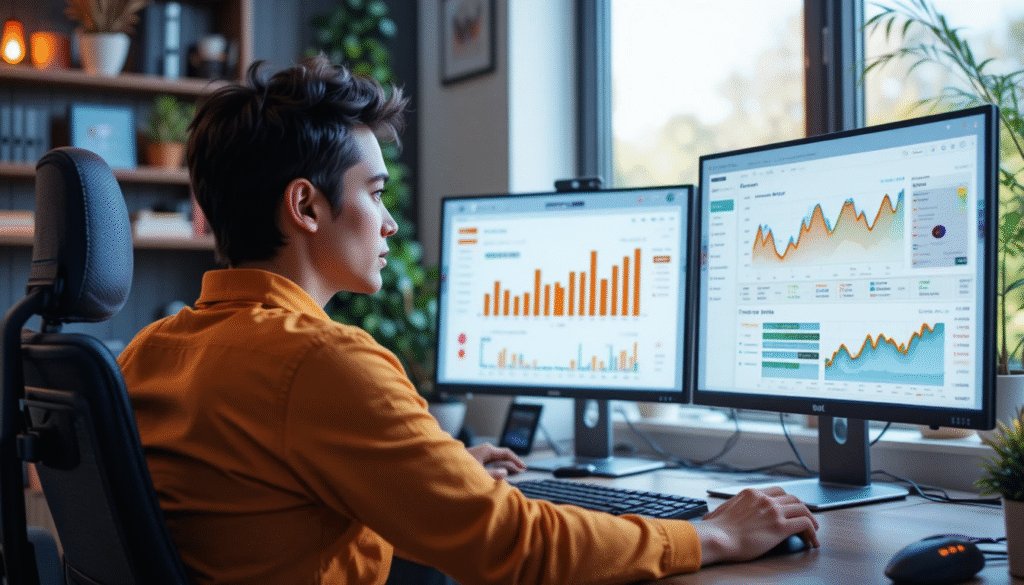 Digital marketer reviewing analytics dashboard for keyword rankings and website traffic performance.