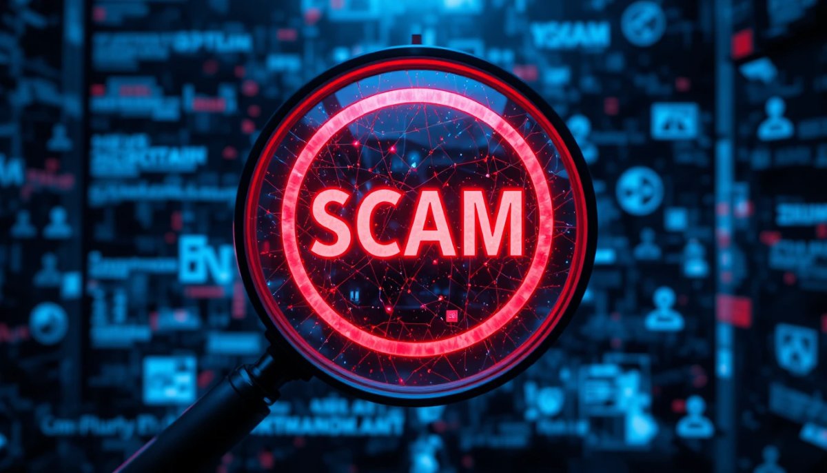 Magnifying glass highlighting a scam warning on a digital screen, representing online scam detection