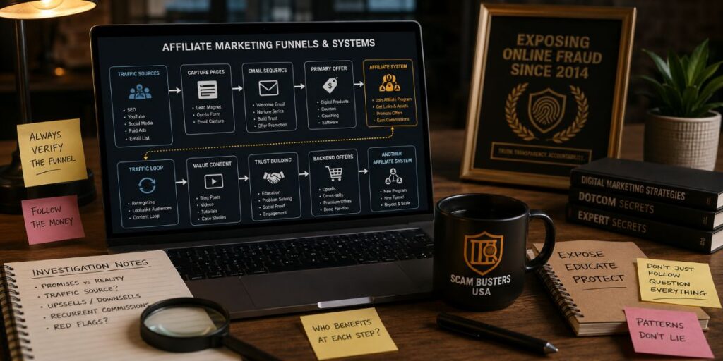 Researching connected affiliate marketing funnels and online business systems