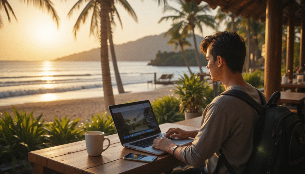 Digital nomad earning passive income online while working from a beach café in Bali,