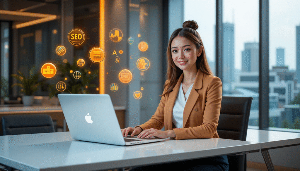 Entrepreneur working on laptop surrounded by digital marketing icons representing SEO, analytics, and creativity.