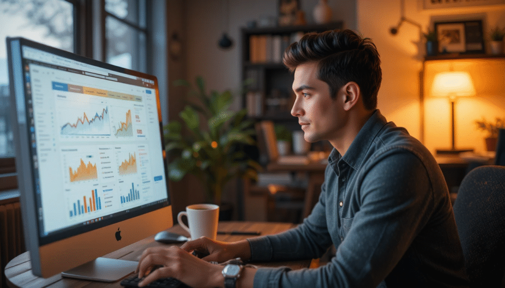 Entrepreneur analyzing Google Trends data and keyword charts to identify a profitable niche.