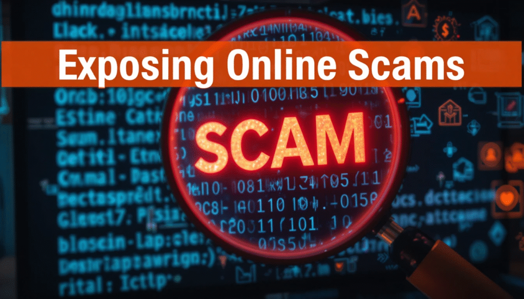 Magnifying glass highlighting the word “SCAM” on a computer screen with AI and crypto icons in the background — representing the investigation of online scams and legitimate paths to success.