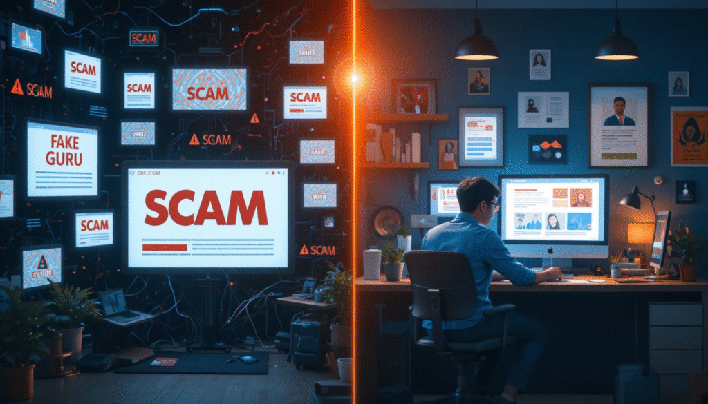 Two-part image showing dark scam ads versus a bright workstation symbolizing learning real affiliate marketing instead of falling for fake systems.