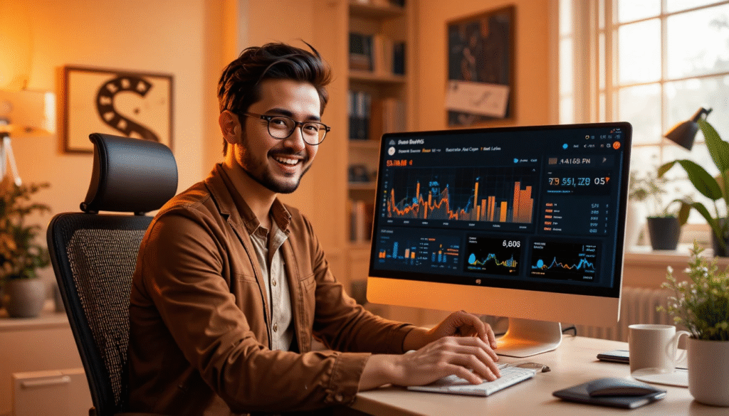 Digital entrepreneur viewing website growth while a broken SCAM symbol fades behind them, representing breaking free from online deception and building success.