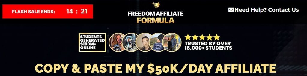 Screenshot of the Freedom Affiliate Formula sales page featuring copy-and-paste affiliate marketing claims, student trust indicators, and commission-focused promotional messaging.