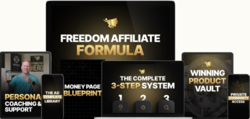 Freedom Affiliate Formula mockup displaying the program’s templates, coaching support, product vault, and 3-step affiliate marketing system.