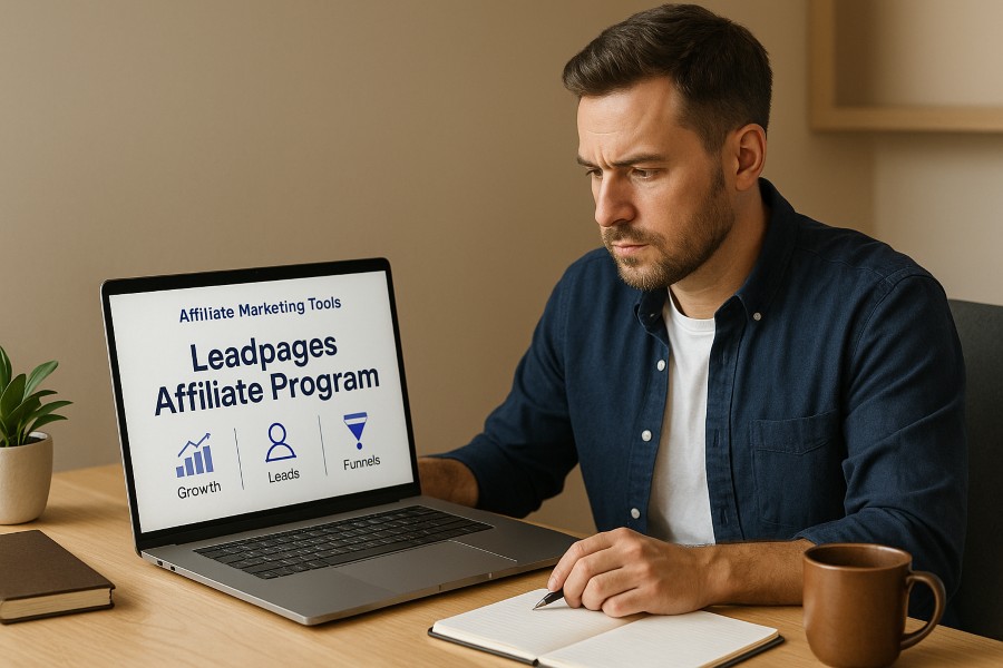 Affiliate marketer analyzing the Leadpages Affiliate Program to grow recurring income online.
