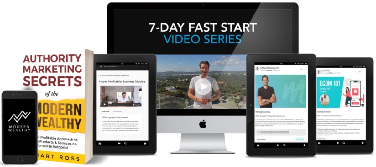 Modern Wealthy starter package – 7-Day Fast Start series, Authority Marketing ebook, Affiliate 101, and Ecom 101 training modules