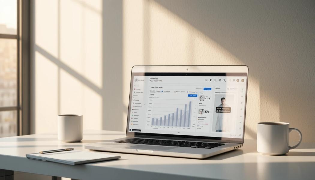 Clean workspace with laptop and coffee, representing researching Six Figure Mentors.