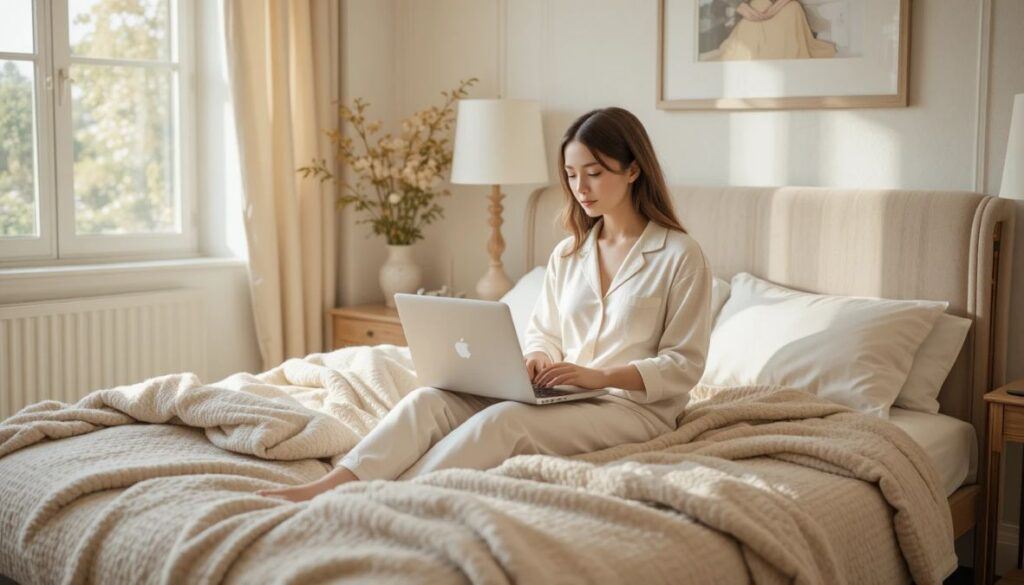 woman working on laptop in cozy pajamas on bed with soft morning light