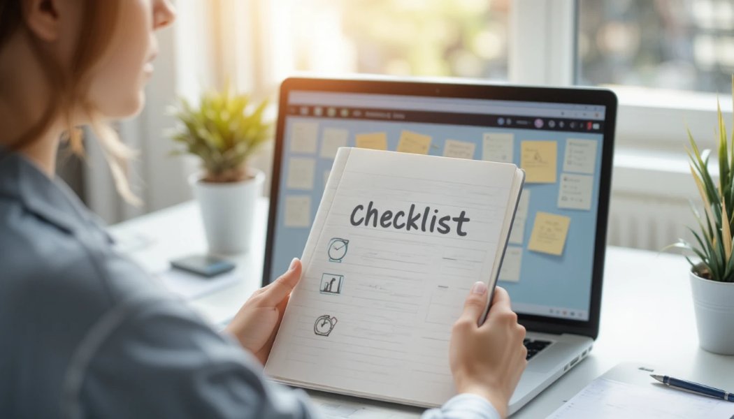Person using a checklist approach to evaluate online offers carefully.