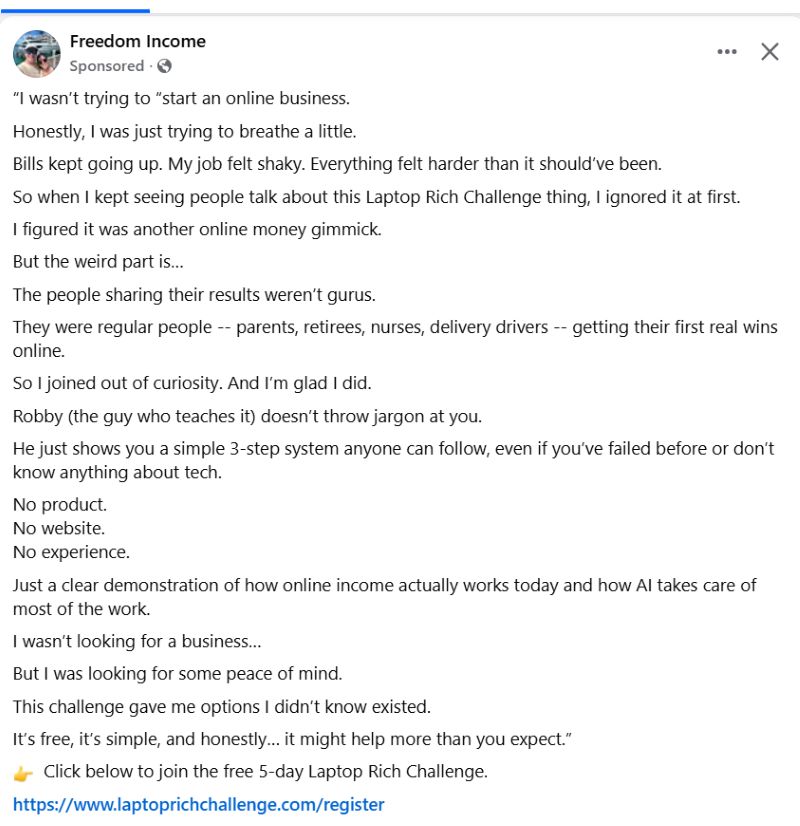 Laptop Rich Challenge Facebook ad promoting affiliate marketing opportunity