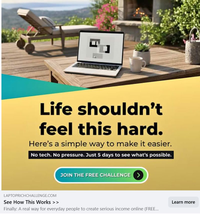 Laptop Rich Facebook ad connected to Freedom Affiliate affiliate funnel