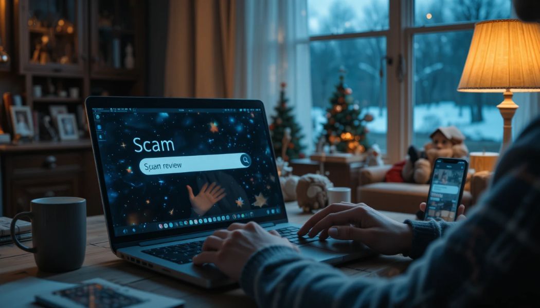 Person researching “scam” and “legit” searches on a laptop during winter.