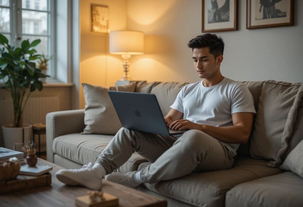 man working on laptop in joggers and T-shirt in cozy living room with warm lighting