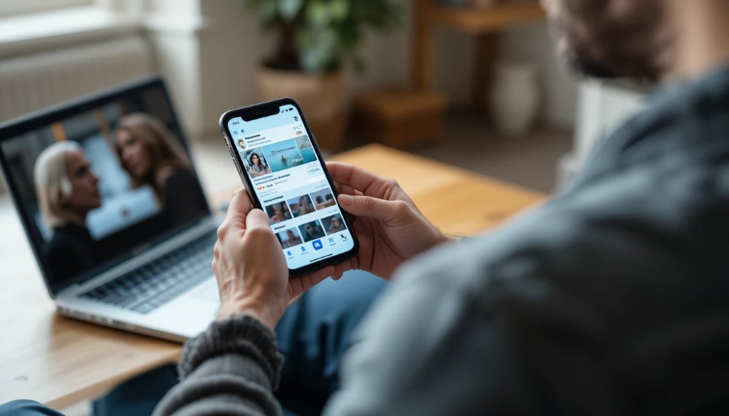 Person scrolling social media ads and researching online offers