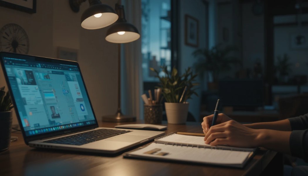 Quiet workspace reflecting on online research and writing