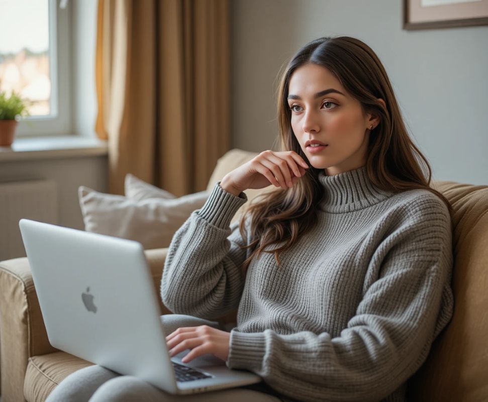woman on couch with laptop looking cautious, representing online scam awareness