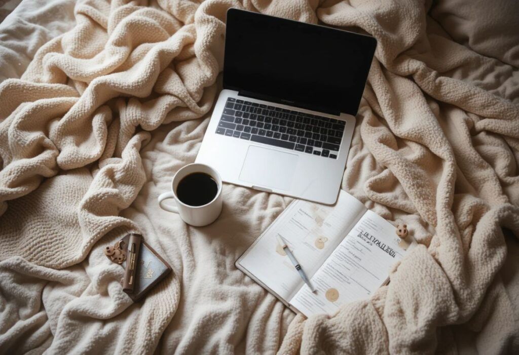 laptop on bed with coffee and notebook in cozy home environment