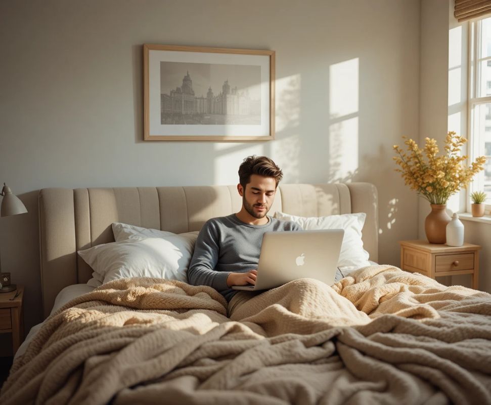 man working from bed with laptop and cozy blankets in peaceful morning light