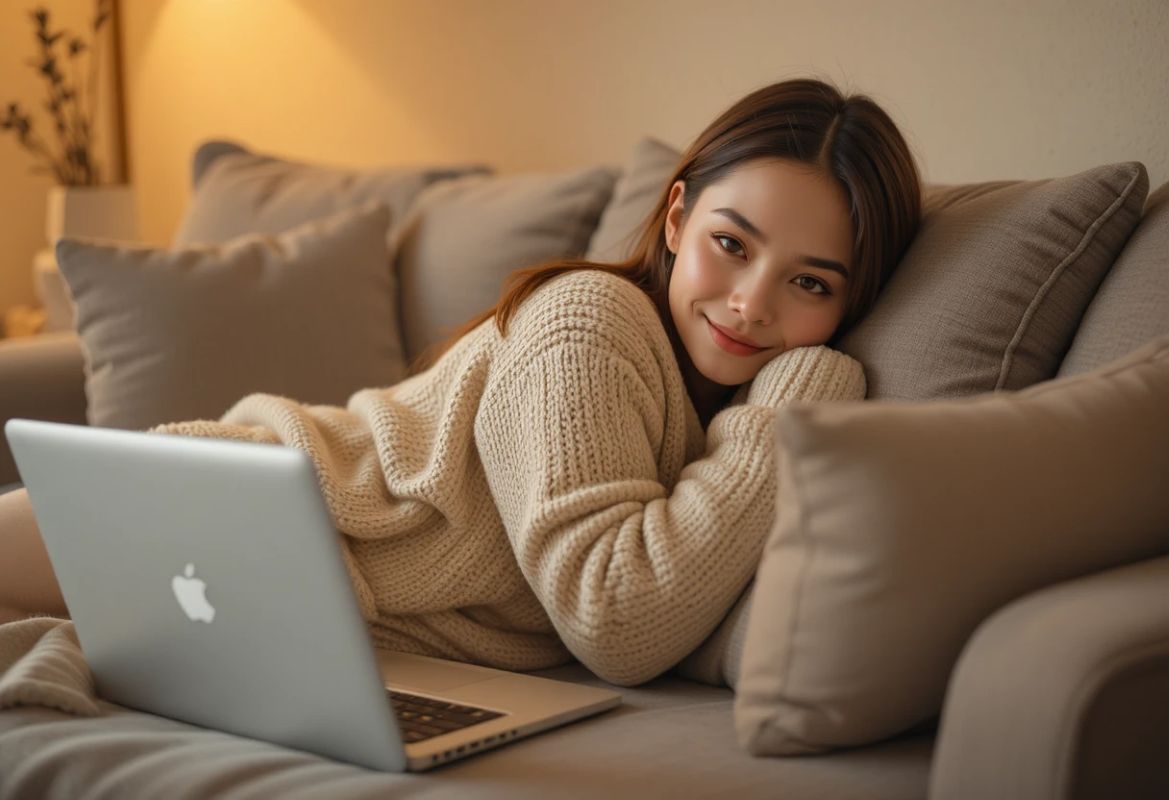 woman on cozy couch with soft inviting smile and laptop, warm neutral tones, relaxed and friendly atmosphere