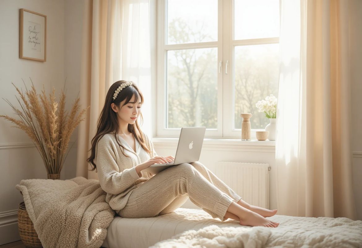 woman working at home in pajamas with laptop by sunny window promoting relaxed online income lifestyle