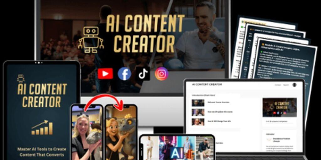 AI Content Creator tools and dashboard shown across devices in Smartphone Freedom Lifestyle funnel