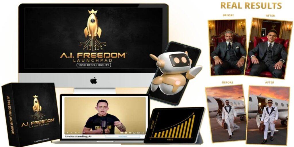 AI Freedom Launchpad product overview showing course materials, AI tools, and promotional before-and-after results