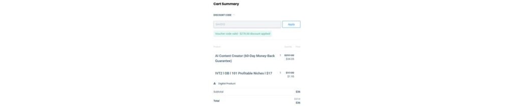 Digistore24 checkout showing AI Content Creator purchase and 101 niches order bump